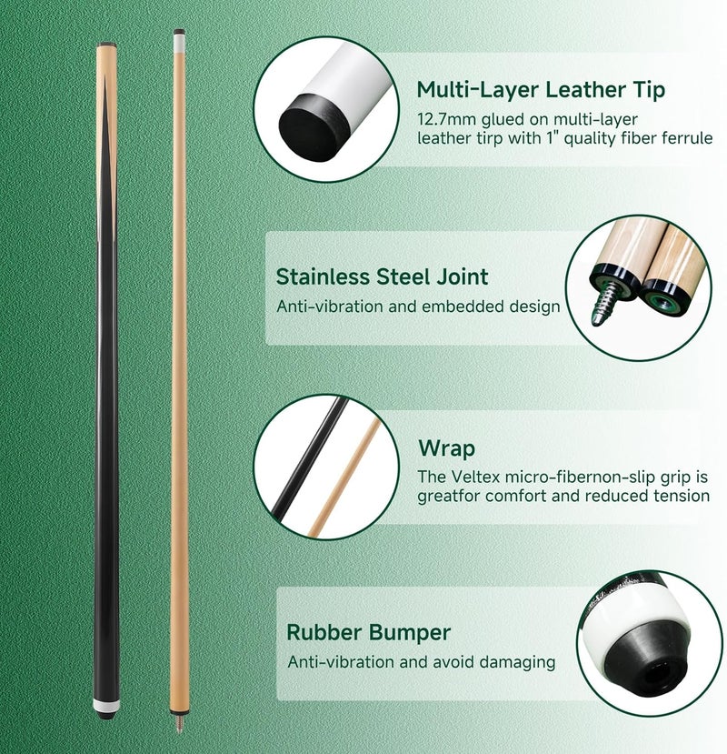 HMQQ Pool Cue Sticks – 42"/48"/58" Billiard Cues with 13mm Leather Tip – 17oz/18oz Standard or 20oz Heavy – Set of 2 or 4 – Durable 2-Piece Pool Sticks for Beginners, Adults, Home & Bar - Image 2